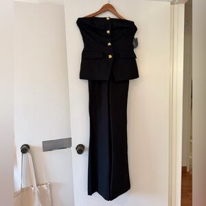 Elegant Black Strapless Jumpsuit with Gold Buttons